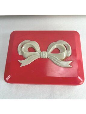 VTG 40s Max Factor Hot Pink Plastic Trinket Box With Ivory Bow Lid 7" X 5"